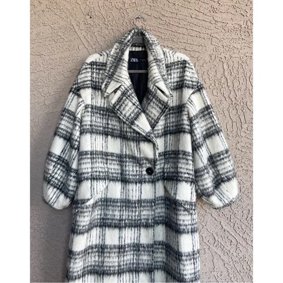 ZARA Black & White Plaid Brushed Wool Oversized Long Wool Coat - Picture 12 of 14